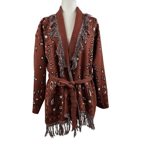 On Twelfth Rust Brown Bandana Print Cardigan XL Fringe Belted Boho Western Wool - Picture 1 of 13